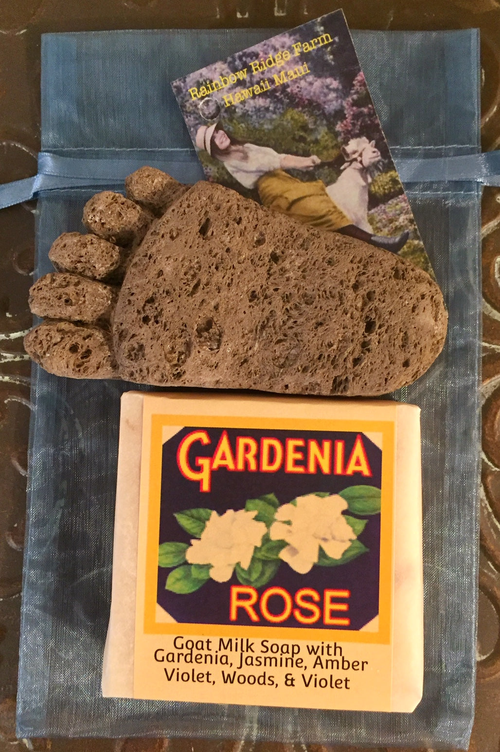 Gardenia Rose Goat Milk Soap with Hand-Carved Pumice Foot in an Organza Bag