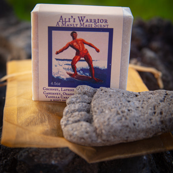 Ali'i Warrior Goat Milk Soap with a Hand-Craved Pumice Foot in an Organza Bag.
