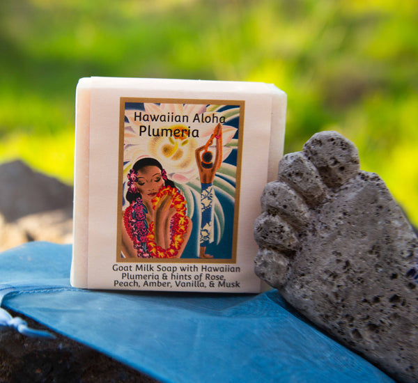 Plumeria Goat Milk Soap with a hand-carved Pumice Foot in Organza