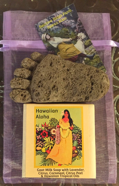 Hawaiian Aloha Lavender Citrus Goat Milk Soap with Hand-Carved Pumice Foot in Organza