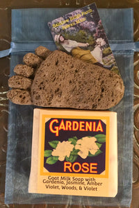 Gardenia Rose Goat Milk Soap with Hand-Carved Pumice Foot in an Organza Bag