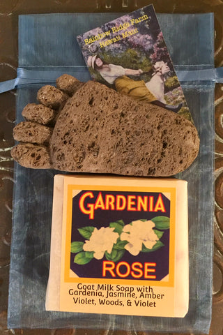 Gardenia Rose Goat Milk Soap with Hand-Carved Pumice Foot in an Organza Bag
